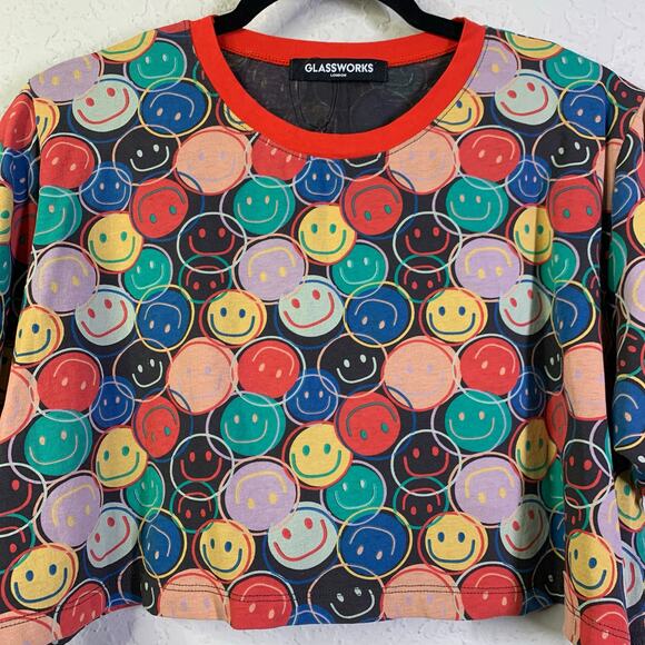 GLASSWORKS LONDON Large Tee Smiley Face Cropped Crew Neck Oversized Artsy Cotton - Picture 5 of 10